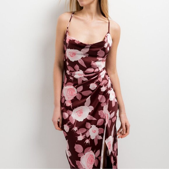 “Emarola & CO" Spring Floral Print Tie Back Satin Midi Summer Dress - Picture 2 of 15